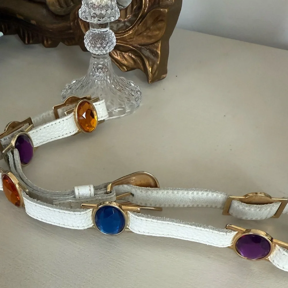 Vintage White Leather Gem-Accent Women's Belt